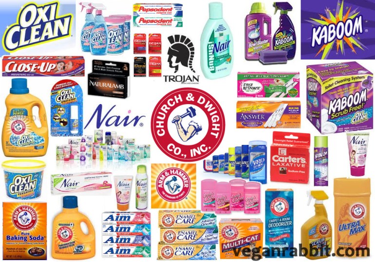 animal testing, vivisection, companies that test on animals, Church & Dwight, Aim, Answer, Arm & Hammer, Arrid, Cameo, Carter's Laxative, Close-Up, First Response, Kaboom, Lady's Choice, Mentadent, Nair, Naturalamb condoms, Orange Glo, Oxy Clean, Parson's, Pearl Drops, Pepsodent, Rigident, Scrub Free, Snobol,Trojan Condoms