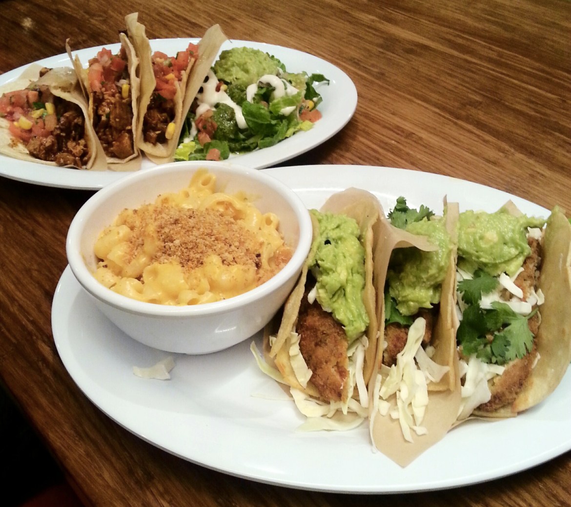 Top: Vegan chicken tacos. Bottom: Vegan fish tacos with vegan macaroni and cheese (from Veggie Grill)